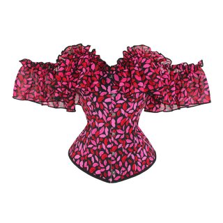 Sexy Retro Red Lip Print Off Shoulder Ruffles 12 Plastic Boned Body Shaper Overbust Corset N23362