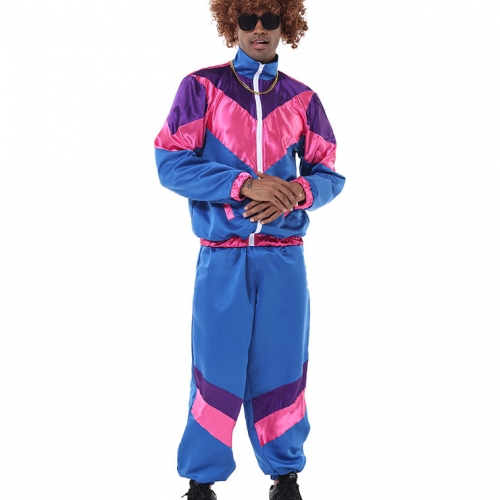 80s Men's Retro Tracksuit Top and Trousers Colorful Hip Hop Adult Cosplay Costume N23353