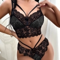Sexy Black Lace See-through Backless Spaghetti Straps Bra and Thong Lingerie Set N23339