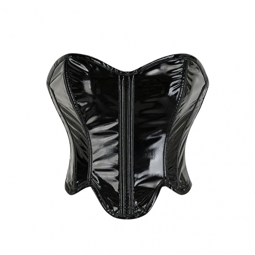 Fashion Black Glossy PVC Irregular Hem Plastic Boned Underbust Corset Zipper Waist Cincher N23327