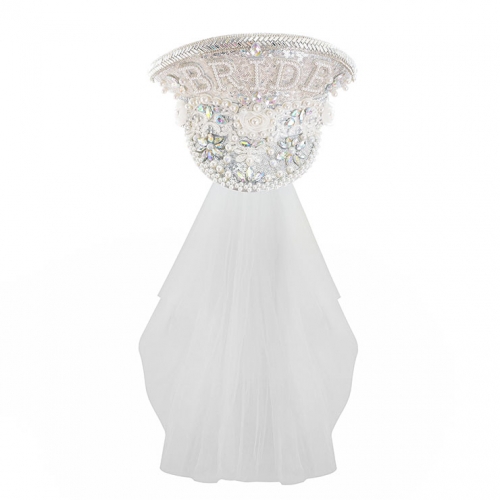 Gothic White Pearl Sequins Cosplay Halloween Bride Costume Top Hat and Veil J23321
