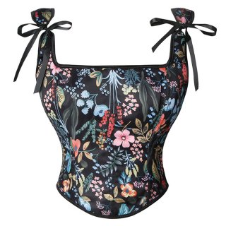 Retro Wide Shoulder Straps Multi Color Flower Pattern 13 Plastic Boned Overbust Corset N23311