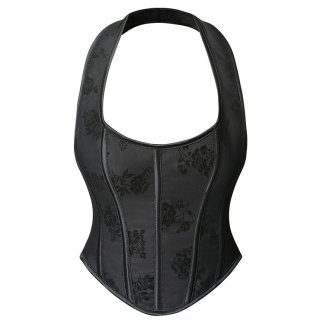 Retro Sexy Black Printed Hanging Neck 13 Plastic Boned Lace-up Underbust Corset N23310