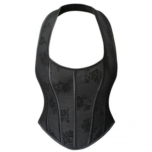 Retro Sexy Black Printed Hanging Neck 13 Plastic Boned Lace-up Underbust Corset N23310