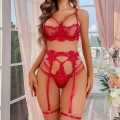 Sexy Red Lace See-through Spaghetti Straps Hollow Out Bra and Thong Lingerie Set N23286