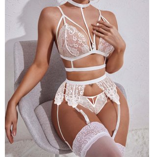 Sexy White See-through Backless Lace Bra and Thong Lingerie with Garters N23216