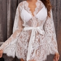 Sexy White Floral Lace See-through Lace-up Pyjamsa Mini Dress Lingerie N23207