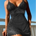 Sexy Black Lace Low Bra Backless Babydoll Sleepwear Mini Dress Lingerie N23205