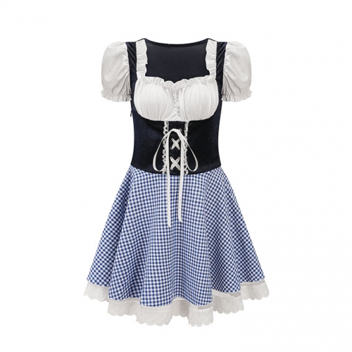 Women's Blue Adult Short Sleeve Maid Dress Cosplay Halloween Costume N23196