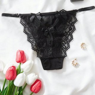 Sexy Black Lace Bowknot Bikini Low Waist Thong PT23191