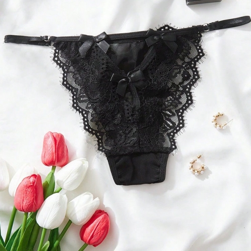 Sexy Black Lace Bowknot Bikini Low Waist Thong PT23191