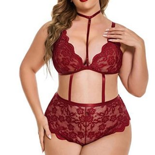 Plus Size Sexy See-through Lace Plunging Neckline Backless Bodysuit Teddies Lingerie N23181