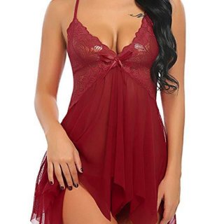 Sexy Wine-red Lace Mesh Low-bra Spaghetti Straps Backless Babydoll Sleepwear Lingerie N23168