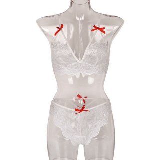 Sexy White Spaghetti Straps See-through Backless Lace Bra and Thong Lingerie Set N23160