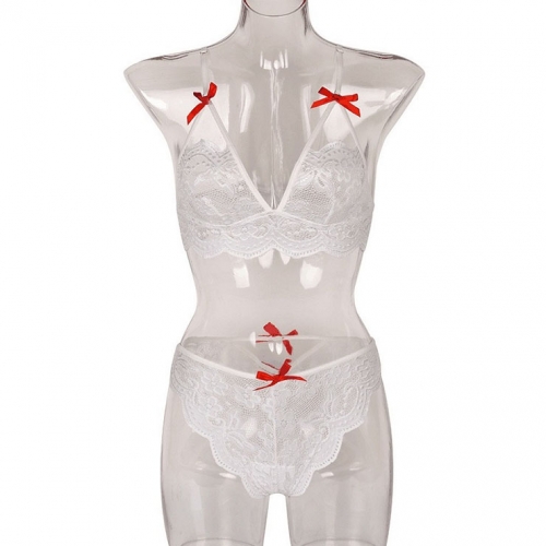 Sexy White Spaghetti Straps See-through Backless Lace Bra and Thong Lingerie Set N23160