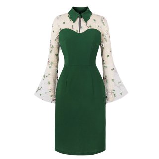 Elegant Green Mesh Embroidered Turndown Neck Flare Sleeve High Waist Midi Hip Dress N23157