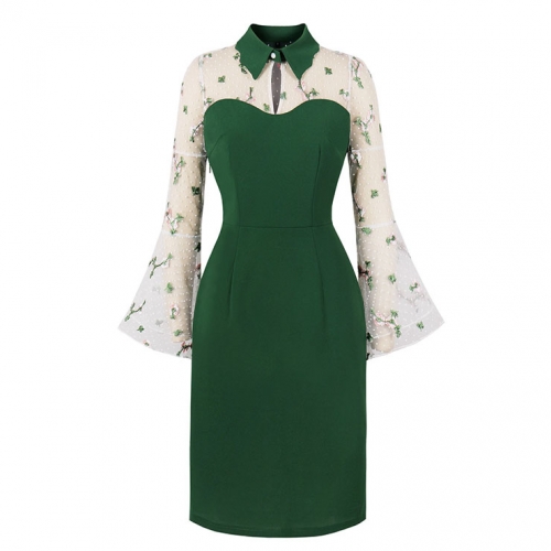 Elegant Green Mesh Embroidered Turndown Neck Flare Sleeve High Waist Midi Hip Dress N23157