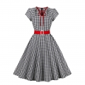 Vintage Black and White Plaid V Neck Zipper Short Sleeve High Waist Daily Swing Dress N23153