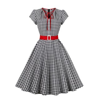 Vintage Black and White Plaid V Neck Zipper Short Sleeve High Waist Daily Swing Dress N23153