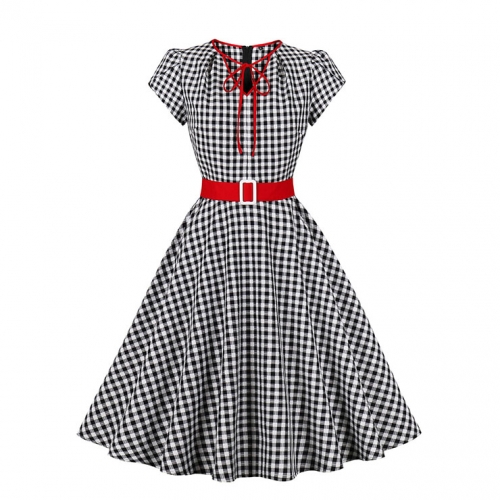 Vintage Black and White Plaid V Neck Zipper Short Sleeve High Waist Daily Swing Dress N23153