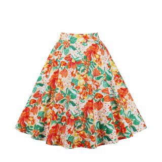 Fashion Orange Printed Cotton High Waist A-line Ruffle Hem Skirt N23150
