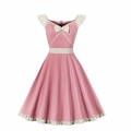 Vintage Pink V Neck Zipper Flying Sleeve High Waist Summer Daily Swing Dress N23142