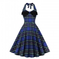 Hepburn Wind Blue Bowkot Hanging Neck Backless Lace-up Cocktail Party Midi Dress N23140