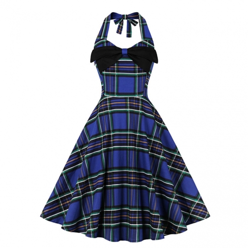 Hepburn Wind Blue Bowkot Hanging Neck Backless Lace-up Cocktail Party Midi Dress N23140