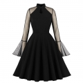 Vintage Black Half-high Collar Mesh Flare Sleeve Stitching A-line Midi Dress N23137