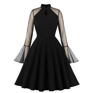 Vintage Black Half-high Collar Mesh Flare Sleeve Stitching A-line Midi Dress N23137