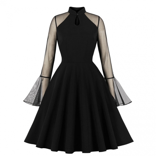 Vintage Black Half-high Collar Mesh Flare Sleeve Stitching A-line Midi Dress N23137