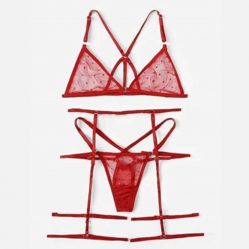 Sexy Red See-through Mesh Spaghetti Straps Bra and Thong Lingerie with Garters N23125