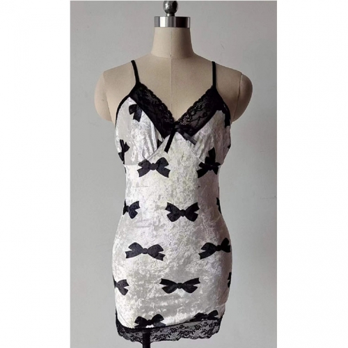 Sexy White Flannel Spaghetti Straps Deep V Neck Mini Dress Babydoll Nightgown Lingerie N23096