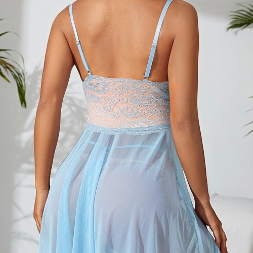 Sexy Blue Lace Low Bra Backless Spaghetti Straps Babydoll Sleepwear Lingerie N23050