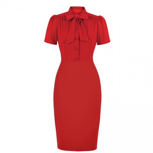 Elegant Red Half-high Neck Front Button Short Sleeve High Waist Midi Hip Dress N23041