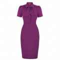 Elegant Purple Half-high Neck Front Button Short Sleeve High Waist Midi Hip Dress N23040