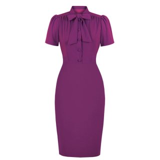 Elegant Purple Half-high Neck Front Button Short Sleeve High Waist Midi Hip Dress N23040