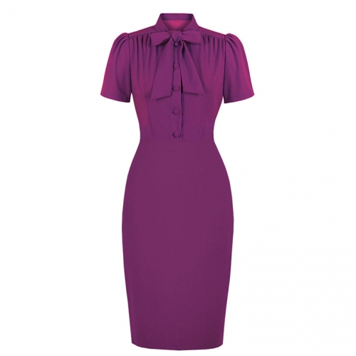 Elegant Purple Half-high Neck Front Button Short Sleeve High Waist Midi Hip Dress N23040