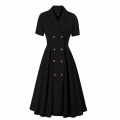 Fashion Black Lapel Short Sleeve Button High Waist A-line Swing Dress N23038