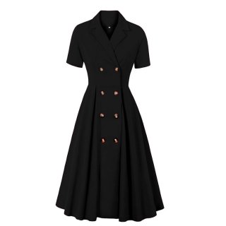 Fashion Black Lapel Short Sleeve Button High Waist A-line Swing Dress N23038