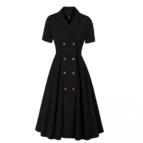 Fashion Black Lapel Short Sleeve Button High Waist A-line Swing Dress N23038