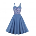 Sweet Blue Print Pattern Spaghetti Straps High Waist V Neck Sleeveless Midi Swing Dress N23030