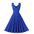 Vintage Elegant Blue Sleeveless V Neck High Waist Lace-Up A-line Dress N23025