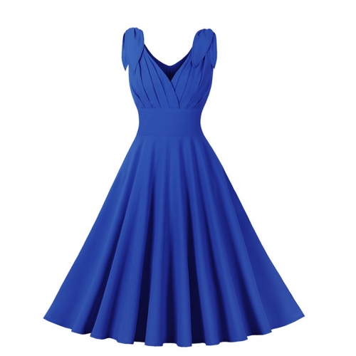 Vintage Elegant Blue Sleeveless V Neck High Waist Lace-Up A-line Dress N23025