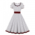 White Print Square Neck Black Wave Point Short Sleeve High Waist Swing Dress N23020