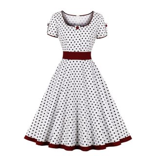 White Print Square Neck Black Wave Point Short Sleeve High Waist Swing Dress N23020