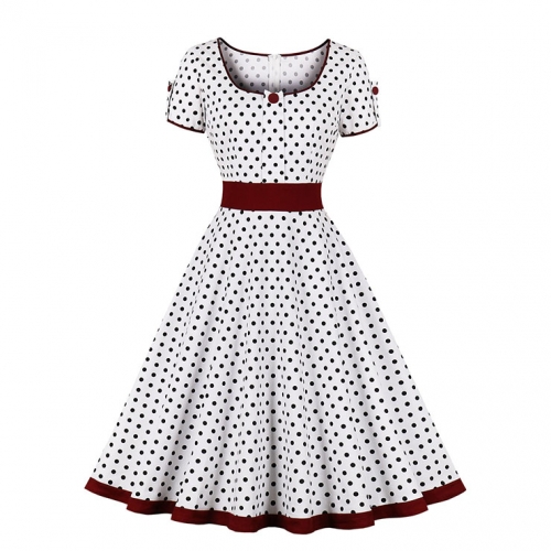 White Print Square Neck Black Wave Point Short Sleeve High Waist Swing Dress N23020