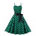 Green Print Black Wave Point Sleeveless High Waist Summer Party Swing Slip Dress N23019