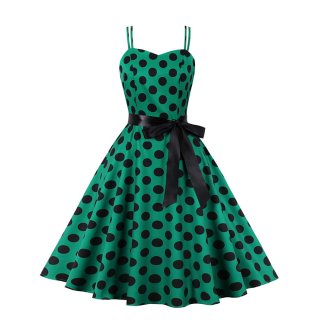 Green Print Black Wave Point Sleeveless High Waist Summer Party Swing Slip Dress N23019