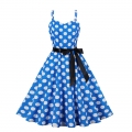 Blue Print White Wave Point Sleeveless High Waist Summer Party Swing Slip Dress N23018